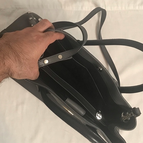 MILLY Gray Leather Satchel Crossbody Bag with zipper track handles Studded - Picture 14 of 15